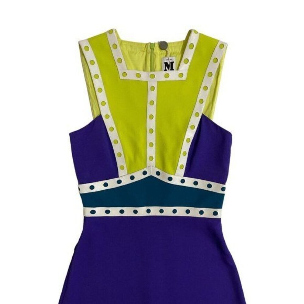 M Missoni Mini Skater Dress Neon Yellow Purple Leather Trim 36 IT 2 US NWT - Picture 3 of 12